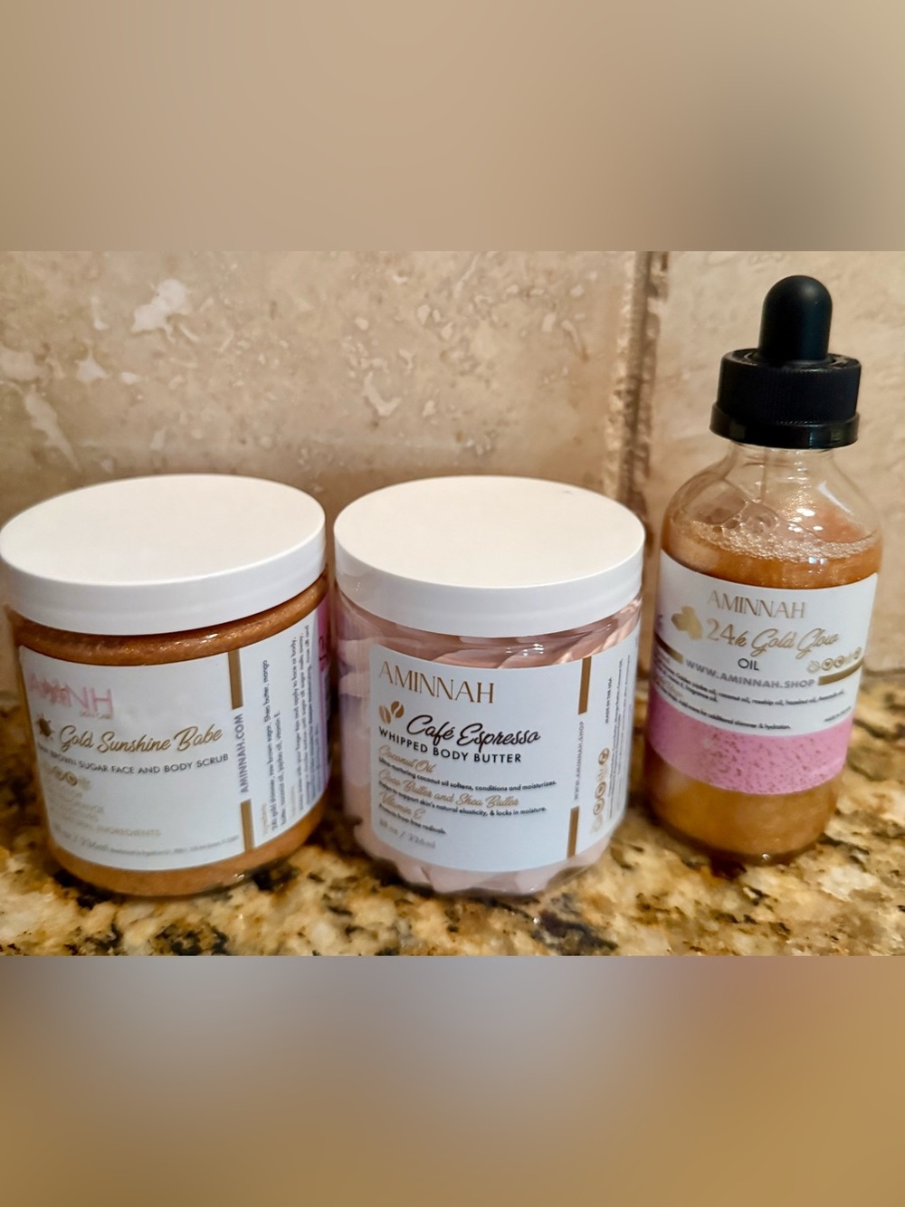 Aminnah gold glow body and face care bundle set